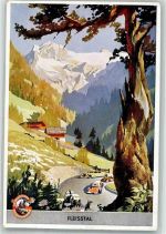 Grossglockner Lithographie / Künstlerkarte Großglockner Hochalpenstrasse Fleisstal Auto