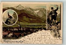 82467 W8100 Partenkirchen 1897 Gebrauchsspuren Lithographie Ottmar Zieher Gemse Tracht