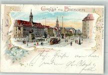 01067 O8000 Dresden 1897 Lithographie Hauptstraße Pferdestraßenbahn Litfaßsäule