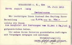 67000 Strasbourg Straßburg 1913 Nota Uhren Import Gesllschaft Hirsch und Co