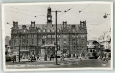 Leeds 1948 Foto AK Postamt Denkmal Straßenbahn