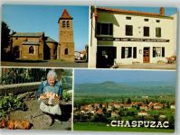 43320 Chaspuzac Foto AK Dackel Gasthaus Geschäft Kirche