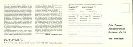 W8491 Rimbach , Oberpf Café-Pension "Aschenbrenner", 2-fach Klappkarte, mit Kurzinfos Gastronomie KEINE AK