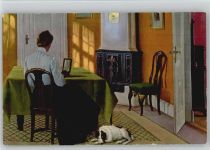 Dänische Kunst Sigvard Hansen Wohnstube Hund Kamin Künstler Künstlerkarte