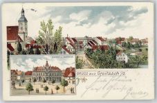 04539 O7222 Groitzsch b Pegau Lithographie / Künstlerkarte Marktplatz , Rathaus