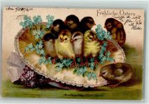 Küken im Blumenstrauß mit Vergissmeinnicht 1903 AK kl. Eckknick Ostern