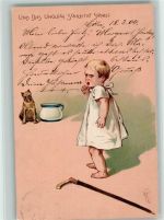 Baby - 1904 Das Unglück schreitet schnell, sign A.F. Künstlerkarte Nachttopf Prägedruck