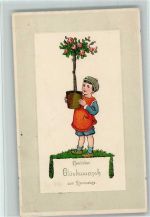 passepartout - Kind mit einem Blumentopf AK Namenstag 1913 Prägedruck