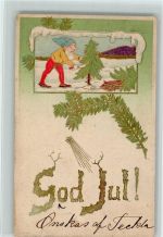 God Jul - Zwerg mit einem Tannenbaum, passepartout AK Weihnachten 1910 Prägedruck