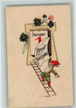 Neujahr - Kalender, Zswerg auf einer Leiter AK Zwerg 1910 Prägedruck