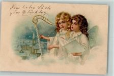 Engel mit einer Harfe singen AK Harfe 1900 Lithographie