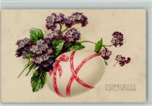 Osterei mit Schleife und Veilchen AK Osterei 1916