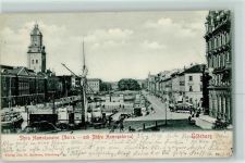 Göteborg 1910 Lithographie Hafen Pferdestraßenbahn Kirche