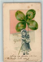 Neujahr 1914 Glücksklee Kind Mädchen Handwärmer Jahreszahl Prägedruck