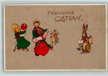 Kinder tanzen, vermenschlichter Osterhase AK Osterei Lithographie