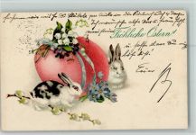 Ostern - Hasen mit einem großen Osterei, Maiglöckchen AK Stempelspuren Osterei 1928 Lithographie