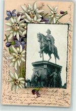 W1000 Berlin Mitte mit Glimmer/Glitzerauflage Friedrich Wilhelm IV Passepartout Alpenflora Edelweiss Denkmal 1900 Lithographie / Künstlerkarte