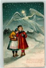 Ein frohes Weihnachtsfest Zwei einsame Mädchen in dunkler Nacht mit dem schützenden Engel über sich Lithographie Engel Prägedruck