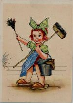 Mädchen mit Schrupper und Besen, Spinnennetz Kind 1940