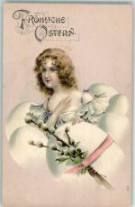 Ostereier Weidenkätzchen Frau Lithographie Ostern 1907 Prägedruck