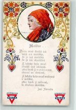 sign. Margold Portrait einer Frau mit Kopftuch Herz Blumen YMCA Gedicht von Jan Neruda Frau Künstlerkarte Künstlerkarte