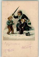 Hundefamilie Handtasche Regenschirm Tier, vermenschlicht 1900 Künstlerkarte