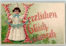 Herzlichen Glückwunsch Ein Mädchen mit Vergissmeinnicht und Glücksklee Lithographie Trachten Niederlande / Hollandkind 1906 Prägedruck