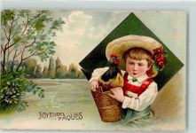 Kind Strohhut Huhn Joyeuses Paques Litho Ostern Prägedruck