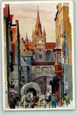 90402 W8500 Nürnberg Künstlerkarte Rathausgasse Pferdeplanwagen