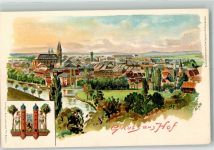 95028 W8670 Hof , Saale Lithographie Wappen Kirche Gruss aus