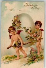 Engel Osterei Rosen Lithographie Ostern Prägedruck