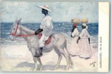 Bridgetown Gebrauchsspuren sign. Oilette Barbados 7050 Tracht Am Strand Lithographie