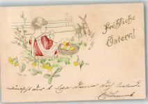 Kind Hasen Nest mit Eiern Osterei 1901 Prägedruck