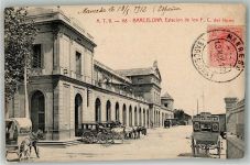 Barcelona 1912 Foto AK Bahnhof Estacion de los F.c. del Norte Kutschen Marke bildseitig
