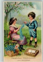 Vergissmeinnicht Matrosenanzug Kinder Brief Lithographie Namenstag Prägedruck
