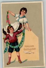 Kinder mit Girlanden Vergissmeinnicht und Rosen Namenstag 1914 Prägedruck