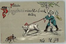Pfingsten Kind mit Hund Maikäfer 1904 Lithographie / Künstlerkarte