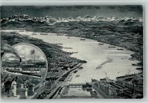 Dampfschiffahrt auf dem Zürichsee - Landkarte, Raddampfer ca 1912 AK Binnenschiff