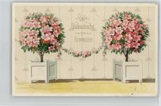 Blumengirlande - Zierbüsche mit blühenden Blüten im Übertopf - Biedermeier Namenstag Prägedruck