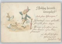 Zwerg mit Holzschuhe, aus den Eiern schlüpfen Hasen Osterei 1900 Prägedruck