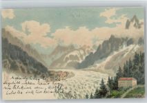 74400 Chamonix-Mont-Blanc 1900 - Mer de Glace bei Chamonix Künstlerkarte Berge Fluß