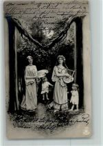 NPG Serie Nr. 195 - Buchstabe M - Jugendstil Frauen mit Harfe und Farbpalette - Fotomontage Buchstabenkarte Fotomontage AK
