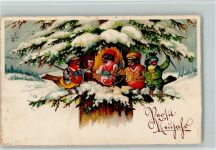 Fröhliche Vogelrunde mit Bowle - Neujahr - Litho Tier, vermenschlicht