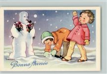Bonne Annee Schneemann Pfeife Blumen in den Armen Kinder sign. Schneemann Künstlerkarte