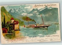 Genfersee - Lake of Geneva Raddampfer litho Binnenschiff