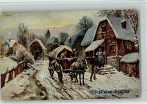 Neujahr - Bauernwagen mit Plane , Ankunft am Gasthaus Kutsche 1916 Künstlerkarte