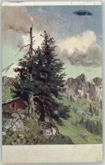 D.R.G.M. die Tanne - großer Baum - Berghütte Baumgarten, Fritz 1913 Künstlerkarte