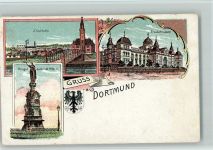 44135 W4600 Dortmund 1906 Lithographie Gruss aus - Stadthafen, Kriegerdenkmal, Fredenbaum AK