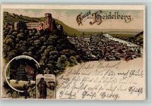 69115 W6900 Heidelberg , Neckar Lithographie Gruss aus - Stadtansicht, das grosse Weinfass, AK