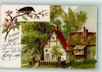 Pfingsten - Bauernhaus, Mäikäfer auf einem Blütenast AK Maikäfer Lithographie